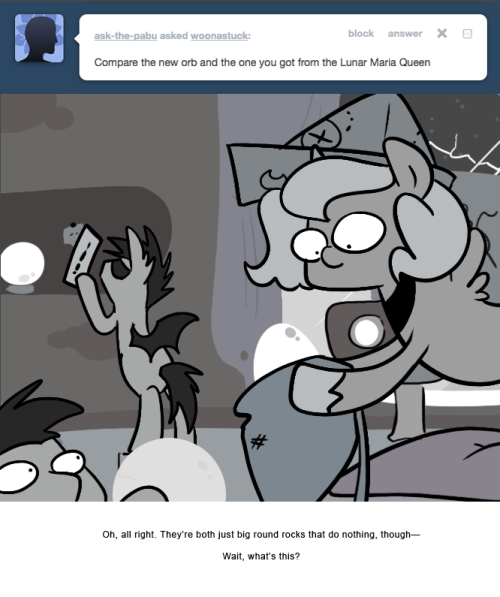 > Compare the new orb and the one you got from the Lunar Maria Queen
Oh, all right. They&rsquo;re both just big round rocks that do nothing, though&mdash;
Wait, what&rsquo;s this?