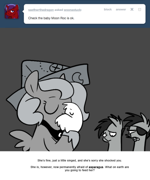 > Check if the baby Moon Roc is ok.
She&rsquo;s fine, just a little singed, and she&rsquo;s sorry she shocked you.
She is, however, now permanently afraid of asparagus. What on earth are you going to feed her?