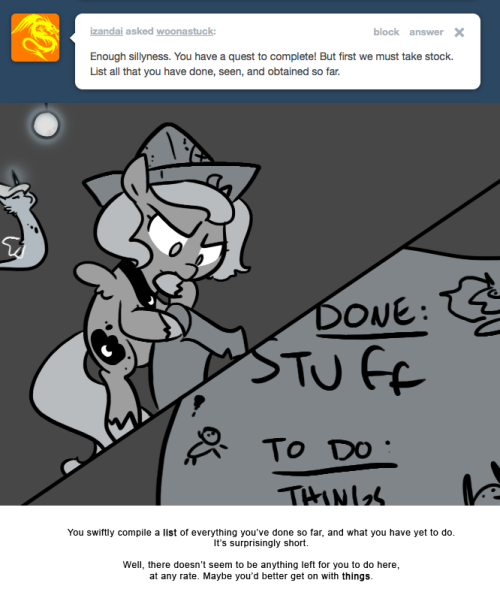 You swiftly compile a list of everything you&rsquo;ve done so far, and what you have yet to do.
It&rsquo;s surprisingly short.
Well, there doesn&rsquo;t seem to be anything left for you to do here, at any rate. Maybe you&rsquo;d better get on with things.