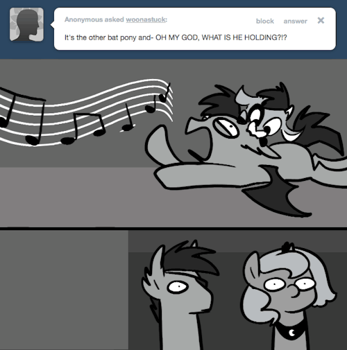 > It&rsquo;s the other bat pony and- OH MY GOD, WHAT IS HE HOLDING?!?