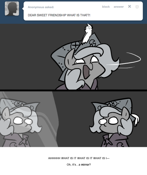 > DEAR SWEET FRIENDSHIP WHAT IS THAT?!
AHHHHH WHAT IS IT WHAT IS IT WHAT IS I&mdash;
Oh, it&rsquo;s&hellip;a mirror?