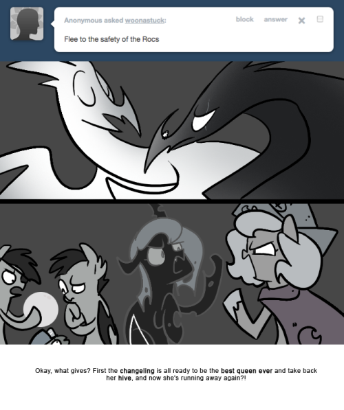 > Flee to the safety of the Rocs
Okay, what gives? First the changeling is all ready to be the best queen ever and take back her hive, and now she&rsquo;s running away again?!