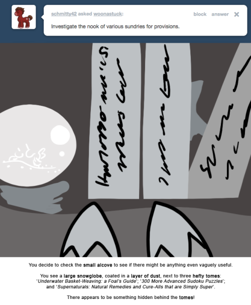 You decide to check the small alcove to see if there might be anything even vaguely useful.
You see a large snowglobe, coated in a layer of dust, next to three hefty tomes:
&lsquo;Underwater Basket-Weaving: a Foal&rsquo;s Guide&rsquo;; &lsquo;300 More Advanced Sudoku...