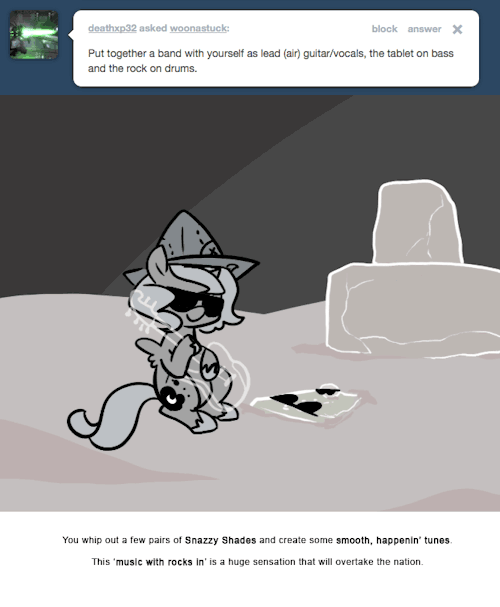 You whip out a few pairs of Snazzy Shades and create some smooth, happenin&rsquo; tunes.
This &lsquo;music with rocks in&rsquo; is a huge sensation that will overtake the nation.