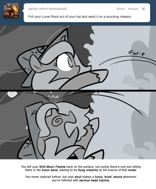 You left your Wild Moon Pebble back on the surface, but luckily there&rsquo;s one just sitting there in the moon sand, waiting to be flung violently at the source of that noise!
You never realized before, but your skull makes a funny &lsquo;bonk&rsquo; sound whenever...