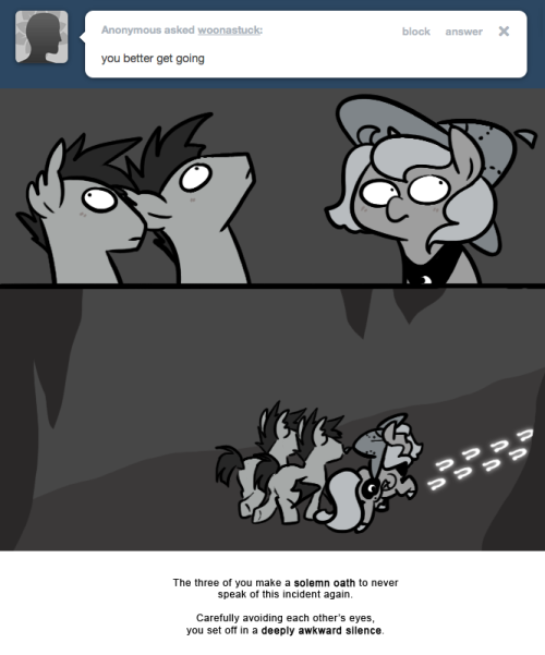 The three of you make a solemn oath to never speak of this incident again.
Carefully avoiding each other&rsquo;s eyes, you set off in a deeply awkward silence.