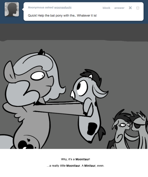 > Quick! Help the bat pony with the.. Whatever it is!
Why, it&rsquo;s a Moonitaur!
&hellip;a really little Moonitaur. A Minitaur, even.