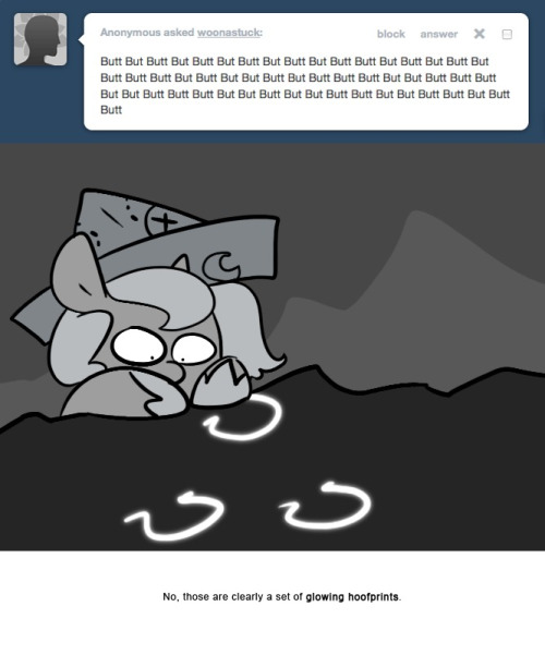 > [a cornucopia of butts]
No, those are clearly a set of glowing hoofprints.
&ndash;
I promised Texel that if he submitted a command I would use it. I&rsquo;m sorry.