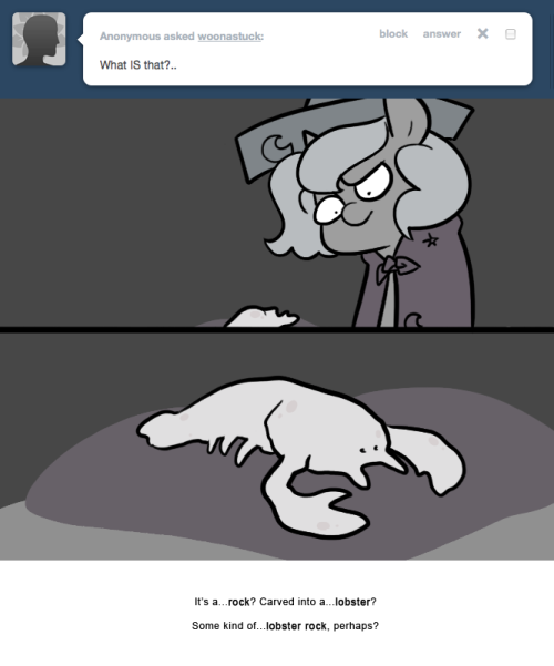 > What IS that?..
It&rsquo;s a&hellip;rock? Carved into a&hellip;lobster?
Some kind of&hellip;lobster rock, perhaps?