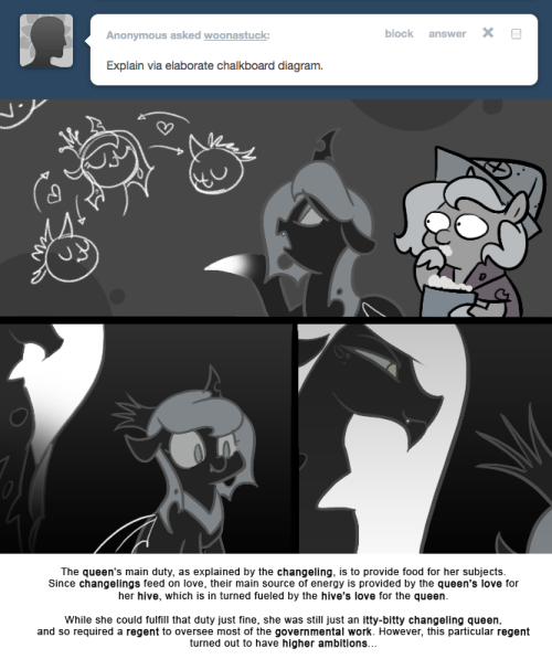 > Explain via elaborate chalkboard diagram.
The queen&rsquo;s main duty, as explained by the changeling, is to provide food for her subjects.
Since changelings feed on love, their main source of energy is provided by the queen&rsquo;s love for her hive, which is...