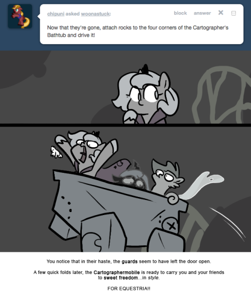 > Now that they&rsquo;re gone, attach rocks to the four corners of the Cartographer&rsquo;s Bathrub and drive it!
You notice that in their haste, the guards seem to have left the door open.
A few quick folds later, the Cartographermobile is ready to carry you...