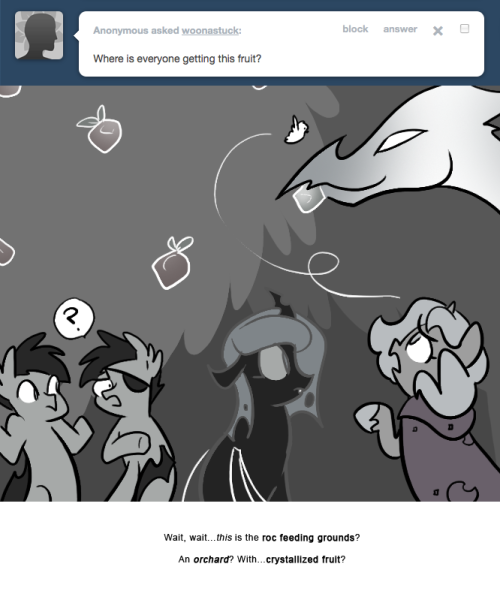 > Where is everyone getting this fruit?
Wait, wait&hellip;this is the roc feeding grounds?
An orchard? With&hellip;crystallized fruit?