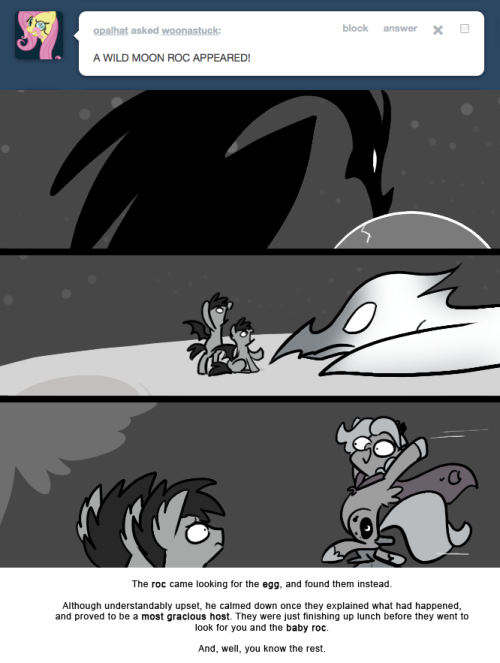 > A WILD MOON ROC APPEARED!
The roc came looking for the egg, and found them instead.
Although understandably upset, he calmed down once they explained what had happened, and proved to be a most gracious host. They were just finishing up lunch before...