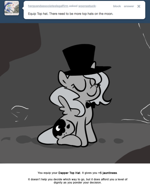 You equip your Dapper Top Hat. It gives you +5 jauntiness.
It doesn’t help you decide which way to go, but it does afford you a level of dignity as you ponder your decision.