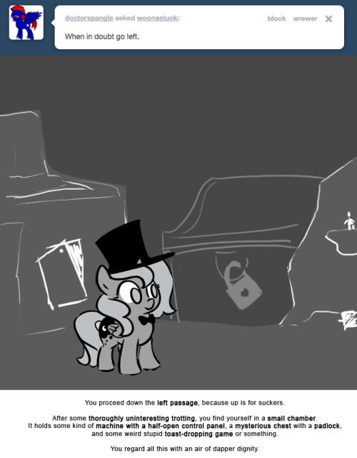 You proceed down the left passage, because up is for suckers.
After some thoroughly uninteresting trotting, you find yourself in a small chamber. It holds some kind of machine with a half-open control panel, a mysterious chest with a padlock, and...