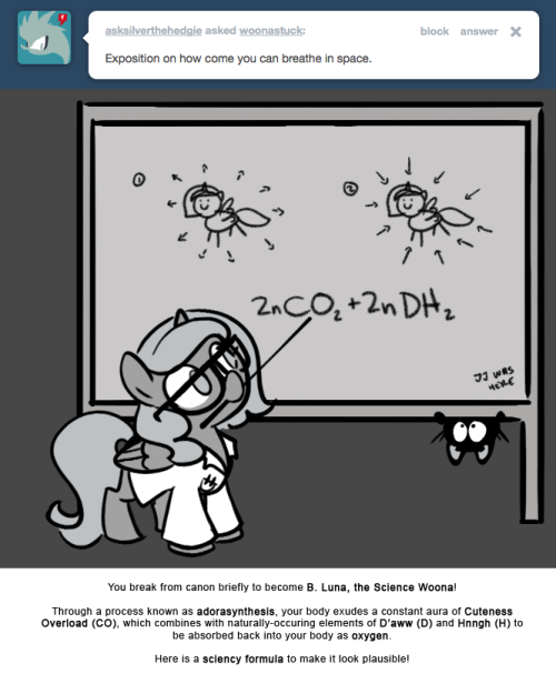 You break from canon briefly to become B. Luna, the Science Woona!
Through a process known as adorasynthesis, your body exudes a constant aura of Cuteness Overload (CO), which combines with naturally-occuring elements of D’aww (D) and Hnngh (H) to be...