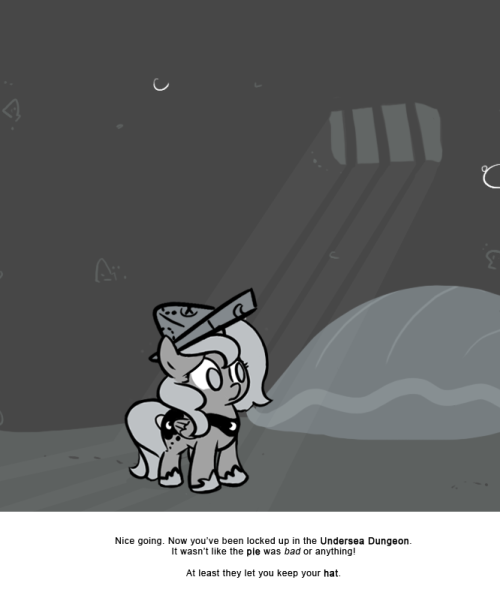 Nice going. Now you&rsquo;ve been locked up in the Undersea Dungeon. It wasn&rsquo;t like the pie was bad or anything!
At least they let you keep your hat.