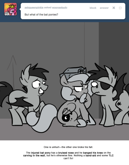 > But what of the bat ponies?
One is unhurt—the other one broke his fall.
The injured bat pony has a bruised nose and he banged his knee on the carving in the wall, but he’s otherwise fine. Nothing a band-aid and some TLC can’t fix!