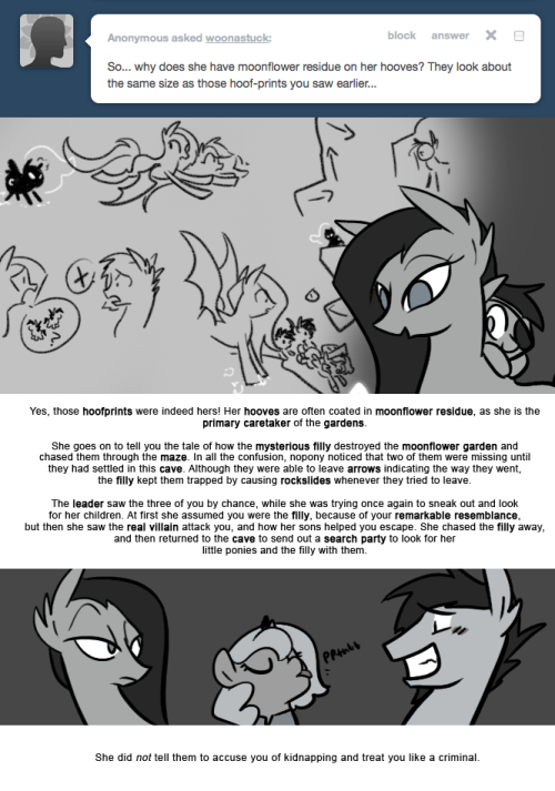 > So… why does she have moonflower residue on her hooves? They look about the same size as those hoof-prints you saw earlier…
Yes, those hoofprints were indeed hers! Her hooves are often coated in moonflower residue, as she is the primary caretaker...