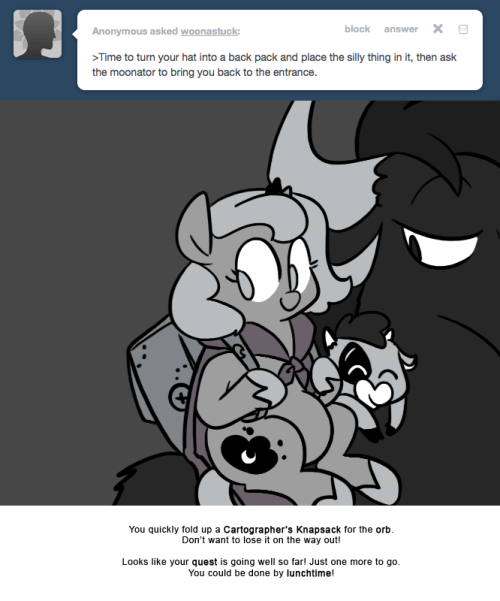 > Time to turn your hat into a back pack and place the silly thing in it, then ask the moonator to bring you back to the entrance.
You quickly fold up a Cartographer’s Knapsack for the orb.
Don’t want to lose it on the way out!
Looks like your quest...