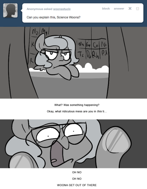 > Can you explain this, Science Woona?
What? Was something happening?
Okay, what ridiculous mess are you in this ti&hellip;
OH NO
OH NO
WOONA GET OUT OF THERE