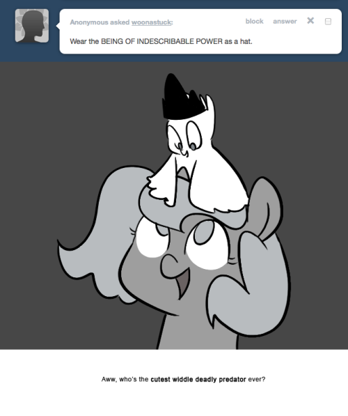 > Wear the BEING OF INDESCRIBABLE POWER as a hat.
Aww, who&rsquo;s the cutest widdle deadly predator ever?