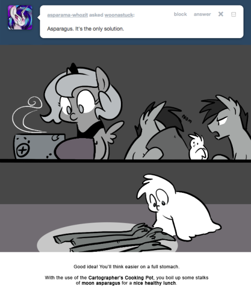 > Asparagus. It&rsquo;s the only solution.
Good idea! You&rsquo;ll think easier on a full stomach.
With the use of the Cartographer&rsquo;s Cooking Pot, you boil up some stalks of moon asparagus for a nice healthy lunch.