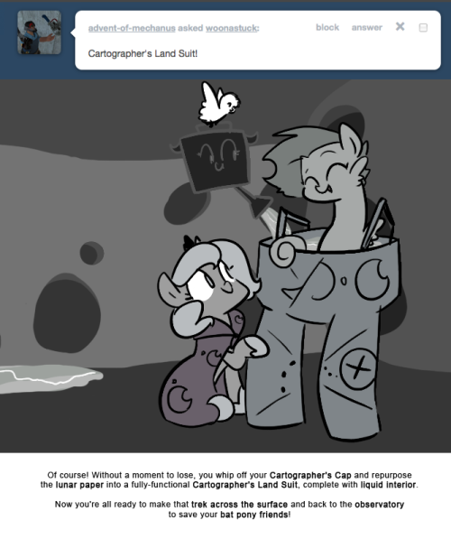 > Cartographer’s Land Suit!
Of course! Without a moment to lose, you whip off your Cartographer’s Cap and repurpose the lunar paper into a fully-functional Cartographer’s Land Suit, complete with liquid interior.
Now you’re all ready to make that...
