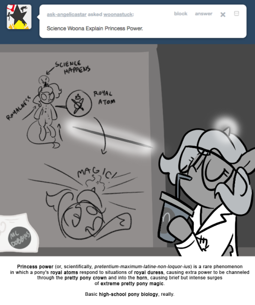 > Science Woona Explain Princess Power.
Princess power (or, scientifically, pretentium-maximum-latine-non-loquor-ius) is a rare phenomenon in which a pony&rsquo;s royal atoms respond to situations of royal duress, causing extra power to be channeled...